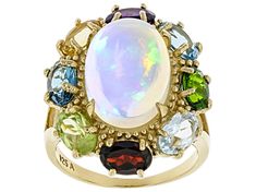 2.50ct Ethiopian Opal With 0.55ct Oval Glacier Topaz™, 0.55ct Oval Swiss Blue Topaz, 0.55ct Oval London Blue Topaz, 0.45ct Oval Brazilian Citrine, 0.45ct Oval African Amethyst, 0.55ct Oval Russian Chrome Diopside, 0.55ct Oval Manchurian Peridot™ And 0.55ct oval Vermelho Garnet 18k Yellow Gold Over Sterling Silver Ring. Measures Approximately 0.83"L x 0.91"W. Not Sizeable. Luxury White Multi-stone Gemstones, White Gemstones With Accents Fine Jewelry, Elegant Multicolor Cabochon Opal Ring, Jewelry Television, Swiss Blue Topaz, Green Gemstones, Blue Gemstones, London Blue Topaz, Topaz Gemstone