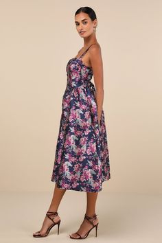 Charm your way through the crowd in the Lulus Attractive Essence Navy Floral Jacquard Midi Dress With Pockets! Lightweight woven jacquard, with a pink and green floral design throughout, shapes wide straps and a sweetheart neckline. Bodice has a sweetheart neckline and seamed cups with supportive underwire, as well as a flirty lace-up back. Paneled design boasts a gathered effect at the sides, shaping a full skirt with side seam pockets and a midi hem. Hidden zipper/clasp at back. Fit: This garm Light Blue Skater Dress, Slate Blue Dresses, Light Blue Mini Dress, Blue Dresses For Women, Cute Blue Dresses, Dresses Navy Blue, Midi Dress With Pockets, Blue Skater Dress, Blue Dress Short