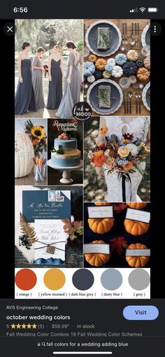 a collage of photos with different colors and wedding details, including oranges, grays, and blue