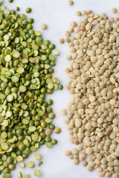 peas and lentils are shown next to each other on a white tablecloth with two pieces of the same type of food