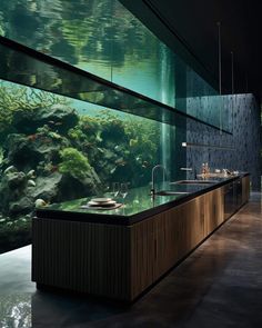 an aquarium is shown in the middle of a room with glass walls and flooring