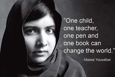 a woman wearing a black hoodie with a quote on the side that says, one child, one teacher, one pen and one book can change the world