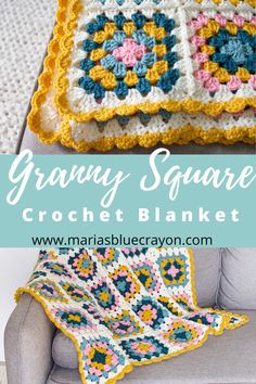 granny square crochet blanket with text overlay