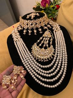 Stunning lightweight Pearl and stonework beads bridal set with 'champagne' gemstone and a gold plated finish. This set elevates any outfit and comes with a Necklace, Earrings, Jhumar and Tikka. Customisations available on request. Bridal Indian, Women Jewellery, Indian Jewelry Sets, Jewellery Sets, Set Necklace, Fantasy Jewelry, Bridal Set, Style Earrings, Indian Jewellery