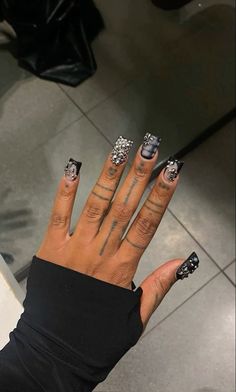 Black Junk Nails, Nail Ideas Black Women, Nails Freestyle, Charms Nails, Junk Nails, Girly Acrylic, 2024 Goals, Black Acrylic Nails, Hard Nails