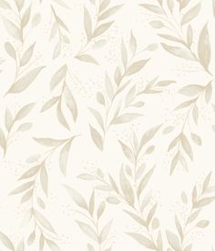 a white and beige wallpaper with leaves on it