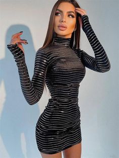 Lila Party, Glitter Mini Dress, Black Sequin Mini Dress, Striped Mini Dress, Festival Looks, Long Sleeve Turtleneck, Sequin Mini, Turtle Neck Dress, Sequin Mini Dress