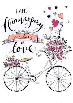 a bicycle with flowers and hearts on the front wheel is shown in this anniversary card