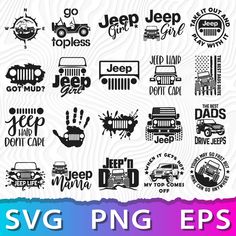 the jeep svg logo is shown in black and white, with different font styles