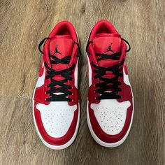 Very Clean Pair Of Jordan 1 Low. Been Worn A Few Times But Still In Good Condition! Open To Offers, Will Ship Day Of Casual Jordan Shoes In University Red Lace-up, Red Casual Jordan Shoes With Laces, Red Casual Jordan Shoes, Shoes Jordan 1, Shoes Jordan, Jordan Red, Jordan 1 Low, Jordans For Men, Jordan Shoes