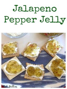 there are several pieces of bread with cheese on it and the words jalapeno pepper jelly