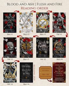 the book cover for blood and ash flesh and fire, with eight different titles on each page