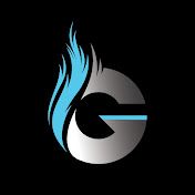 the letter g is made up of blue and silver flames on a black background,