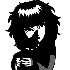 a black and white drawing of a man with long hair holding his arms crossed in front of him