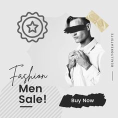 a man with a blindfold around his face and the words fashion men sale on it