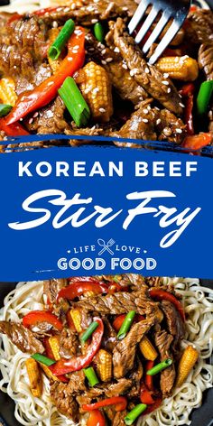 korean beef stir fry with noodles and vegetables on a black plate next to a blue sign that says, korean beef stir fry