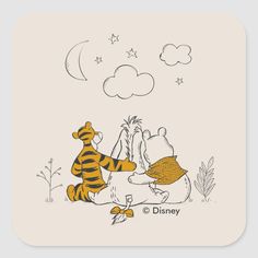 winnie the pooh and tigger sitting together on a white background with stars in the sky