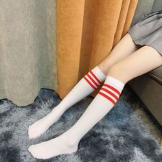 Material: CottonMaterial: NylonPieces: 1pcPattern Type: SolidItem Length: 42-52cm Free Dresses, Long Socks, Soft Grunge, Kawaii Clothes, Sweet Dress, Thigh Highs, Knee High Sock, Over The Knee, White Stripe