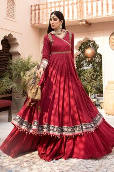 Red Dress Pakistani Traditional Drape Red Anarkali Set With Dabka Work, Red Anarkali Salwar Kameez With Dabka Work, Red Anarkali Set With Mirror Work For Eid, Eid Red Anarkali Set With Mirror Work, Anarkali Choli With Dabka Detail In Chinon, Anarkali Choli With Dabka On Chinon, Unstitched Red Anarkali Set With Dabka Work, Red Anarkali Salwar Kameez With Mirror Work, Red Raw Silk Anarkali Set With Dabka