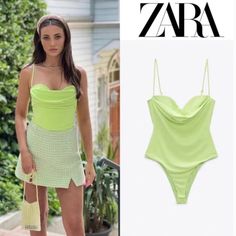 Color- Light Pistachio Bodysuit With Sweetheart Neckline And Adjustable Spaghetti Straps. Draped Fabric At Front. Bottom Snap Button Closure. Back Hidden Inseam Zip Closure. Green Fitted One-piece Bodysuit, Fitted Green One-piece Bodysuit, Trendy Fitted Zara Bodysuit, Green Stretch Bodysuit By Zara, Zara Green Stretch Bodysuit, Chic Green Sleeveless Bodysuit, Chic Sleeveless Green Bodysuit, Zara Green Summer Bodysuit, Trendy Zara Bodysuit For Spring