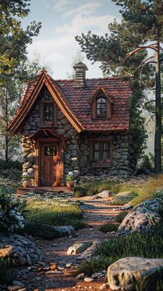 a painting of a small stone house in the woods with trees and rocks around it