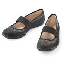 Designed With Comfort In Mind, These Sporty Mary Jane Slip-On Shoes Are Ideal For Everyday Wear. The Easy On/Off Design Has Stretch Straps, Microsuede And Mesh Uppers, Microsuede Insoles And Lightweight Flexible Rubber Soles. 1" Heel. Synthetic Fibers; Imported. Extra Wide Width. Choose Women's Shoe Size: 6, 7, 8, 9, 10, 11 (Half Sizes Order Next Larger Size). Available In: Chocolate, Natural, Gray, White, Navy Or Black Low Block Heel Pumps, Collections Etc, Closed Toe Shoes, Comfortable Flats, Strap Shoes, Dress Shoes Womens, Round Toe Heels, Black Slip Ons, Mary Jane Shoes