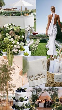 a collage of photos with white and green wedding decorations, flowers, umbrellas