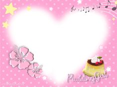 a heart shaped cake with music notes and flowers in the background on a pink polka dot background