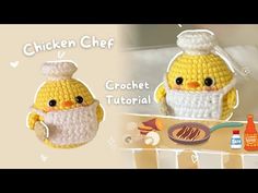 a crocheted chicken with a chef's hat and apron is shown in this video