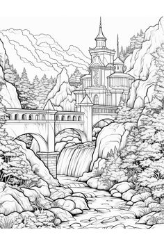 a black and white drawing of a castle in the mountains