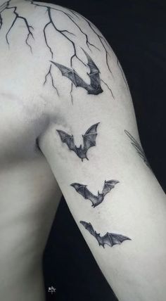 Goth bats tattoo Bats On Arm Tattoo, Bat Tattoo Ideas Gothic, Bats Tattoo Shoulder, Halloween Tattoo Ideas Men, Meaningful Gothic Tattoos, Three Bats Tattoo, Bat Filler Tattoo, Bat Tattoo On Arm, Arm Bat Tattoo