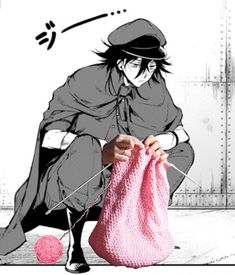 a person sitting on the ground with a pink bag in front of them and an image of a man knitting