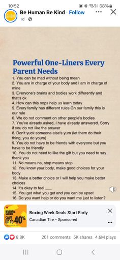 an ad for the powerful one - liners every parent needs