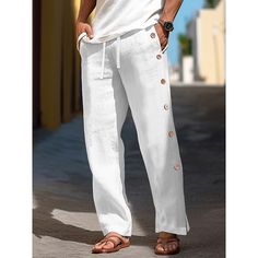 Season:Spring  Summer; Fabric:40% Linen; Gender:Men's; Style:Classic,Casual; Occasion:Vacation,Office / Career,Daily,Going out; Fit Type:Regular Fit; Function:Comfortable,Breathable; Waistline:Mid Waist; Pattern:Plain; Design:Side Button,Straight Leg,Drawstring,Elastic Waist; Brand:OUKU; Pants Type:Trousers,Baggy Pants,Linen Pants,Summer Pants; Fly Type:Elasticity; Front page:FF; Listing Date:02/23/2024; Production mode:External procurement; Hips:; Length:; Waist:; Fit US Size:null; Fit UK Size:null; Fit EU Size:null Lace Up Trousers, Mens Linen Pants, Trousers Men, Linen Men, Cotton Linen Pants, Mens Linen, Blazer Shirt, Beach Casual, Mens Pants Fashion