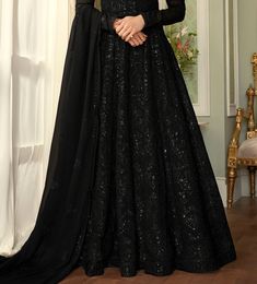 Black Designer Heavy Embroidered Wedding Anarkali Suit-Saira's Boutique Wedding Anarkali, Silk Thread Embroidery, Black Anarkali, Embroidered Wedding, Anarkali Suit, Anarkali Suits, Fancy Jewellery, Thread Embroidery, Suit Fabric