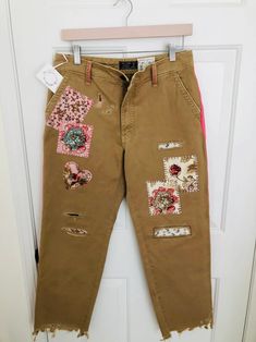 Khaki Pants Embroidered and Patched Abercrombie & Fitch Size | Etsy Painted Khaki Pants, Embroidered Cargo Pants, Beige Cotton Pants With Floral Embroidery, Brown Patchwork Straight Leg Bottoms, Straight Leg Pants With Floral Embroidery For Fall, Fall Floral Embroidered Straight Leg Pants, Fall Floral Embroidery Straight Leg Pants, Fall Straight Leg Bottoms With Patches, Straight Leg Bottoms With Patches For Fall