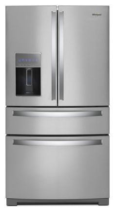 a stainless steel refrigerator freezer with water dispenser and ice maker on the door