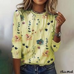 Olivia Mark - Long Sleeve Floral Print Round Neck Shirt Casual Printed Fall Shirt, Trendy Long Sleeve Printed Tops, Trendy Printed Long Sleeve Tops, Spring Crew Neck Blouse With Floral Print, Spring Floral Print Crew Neck Blouse, Spring Floral Print Long Sleeve Tops, Green Floral Print Long Sleeve Shirt, Casual Long Sleeve Floral Print Blouse, Green Graphic Print Blouse For Spring