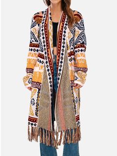 US$ 54.23 - Cowgirl Style Tassel Cardigan Sweater Knitted Jacket Loose Long-Sleeved Bohemian Style - m.zicopop.com Women Long Cardigan, Sweater Duster, Fringe Cardigan, Boho Sweater, Styl Boho, Knitted Coat, Cardigan Top, Boho Casual, Knit Jacket