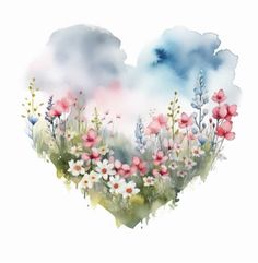 watercolor painting of flowers and clouds in the shape of a heart