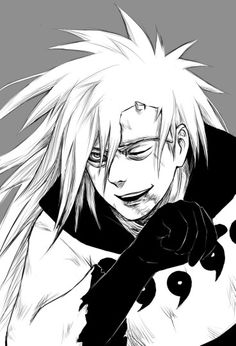 an anime character with long white hair and black eyes, holding his hand up to his face