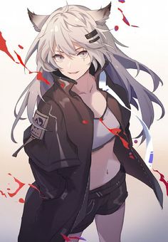 an anime character with white hair and horns on her head, standing in front of red confetti