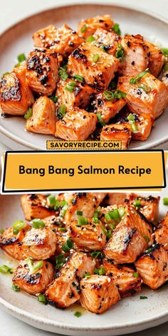 some food is on a white plate and there are two pictures with the words bang bang salmon recipe