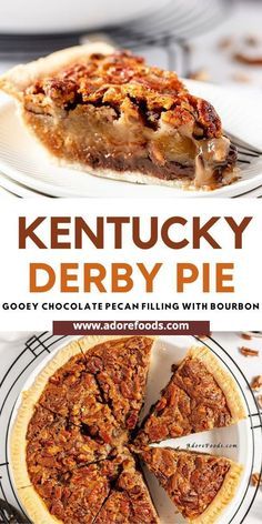 kentucky derby pie on a plate with the title overlaying it's image