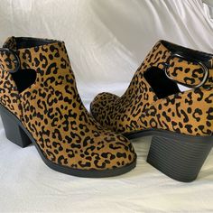 Never Worn Without Tags Medium Width Size 7.5 Faux Suede Adjustable Buckle Strap Closure With Side Cut-Out Round Toe Faux Leather Lining Cushioned Footbed 3" Stacked Chunky Block Heel Leopard Print Round Toe Boots For Spring, Spring Leopard Print Round Toe Boots, Casual Leopard Print Boots For Fall, Chunky Block Heels, Cheetah Print, Faux Suede, Block Heels, Bootie Boots, Black And Brown