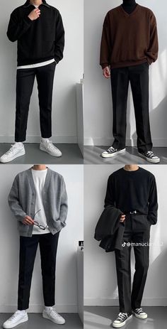 Hm Men Outfits, Man All Black Outfit, Black Smart Casual Men’s Outfit, Inspirasi Outfit Cowo, Men’s Business Casual Outfits Fall, Outfit Color Combos Men, White Shirt Black Pants Outfit Men, Grey Cardigan Outfit Men, Men Dressing Style Ideas