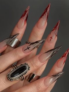 long stiletto red and black witch nails Vampy Nails, Angel Nails, Halloween Acrylic Nails, Edgy Nails