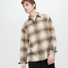 Flannel Checked Long-Sleeve Shirt (2022 Edition) Cream Flannel Outfit Men, Mens Plus Size