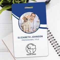 an id card with a dog on it and a notepad next to it that says, elizabeth johnson professional title