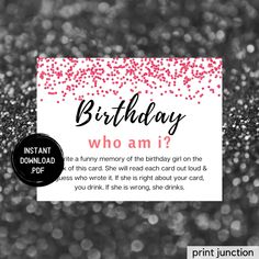 a birthday card with the words, who am i? and pink confetti sprinkles